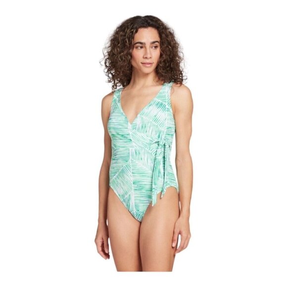 Calia Side Tie Swimsuit Size 4 NEW Tropical Palm White Green One Piece Carrie - Picture 1 of 11